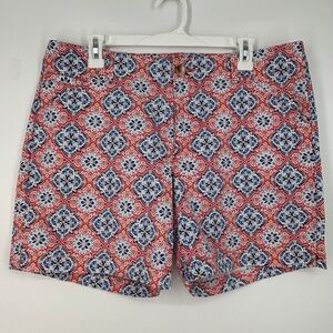 Lee Womens Size 14 Chino Shorts Coral Blue Beige Medallion Print Mid Rise 6.5"